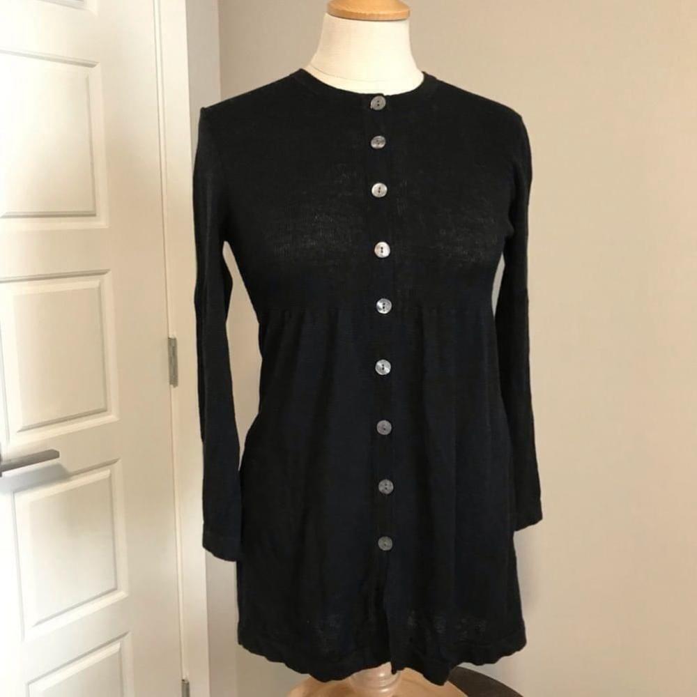 Trina Turk linen blend long sleeve button front black fitted cardigan top - Picture 9 of 11